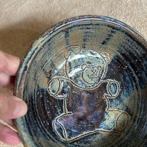 Handcrafted Ceramic Bowl with Bear Design - Blue and Brown